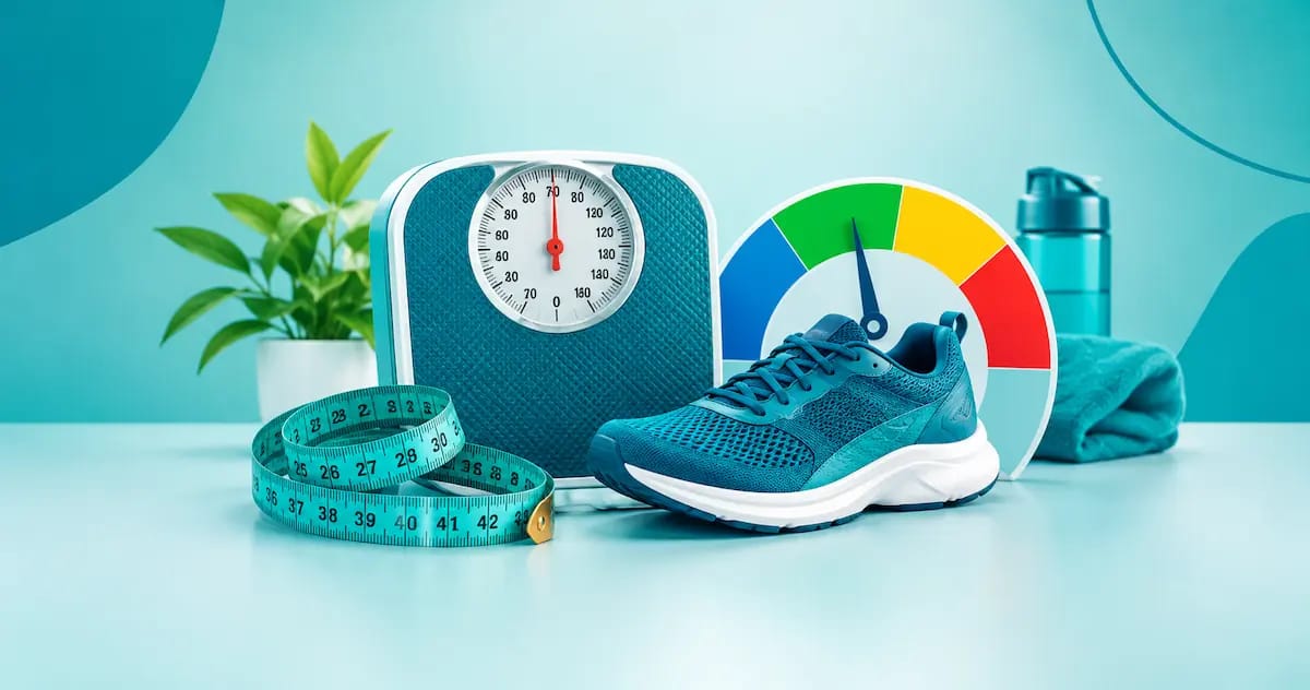ماشین حساب BMI: متر خیاطی، ترازو و کفش ورزشی کنار نوار رنگی شاخص توده بدنی